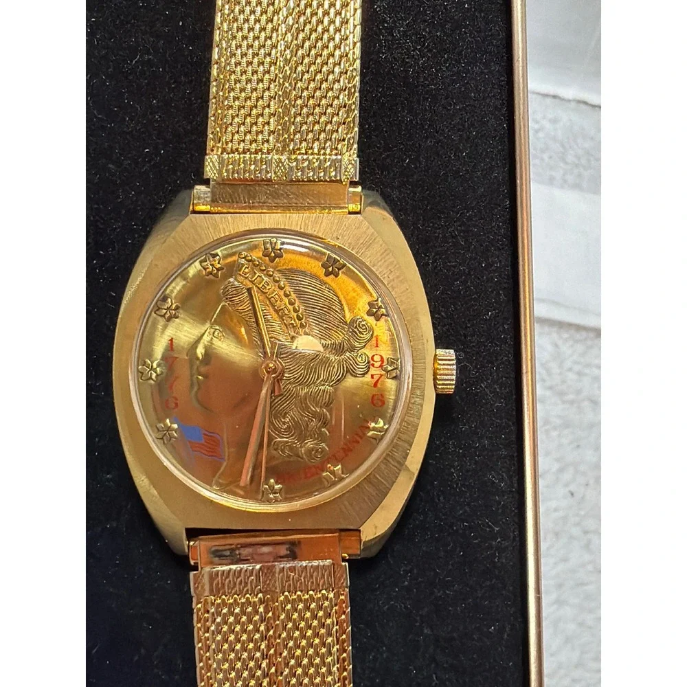 Rouan Watch Mens Gold Bicentennial 1776-1976 Lady Liberty Mesh Band Vintage Box